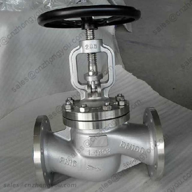 DIN Bellows Seal Globe Valve, DN100 PN16, 1.4408 Body, SS316 Trim, RF Ends, Handhweel Operated