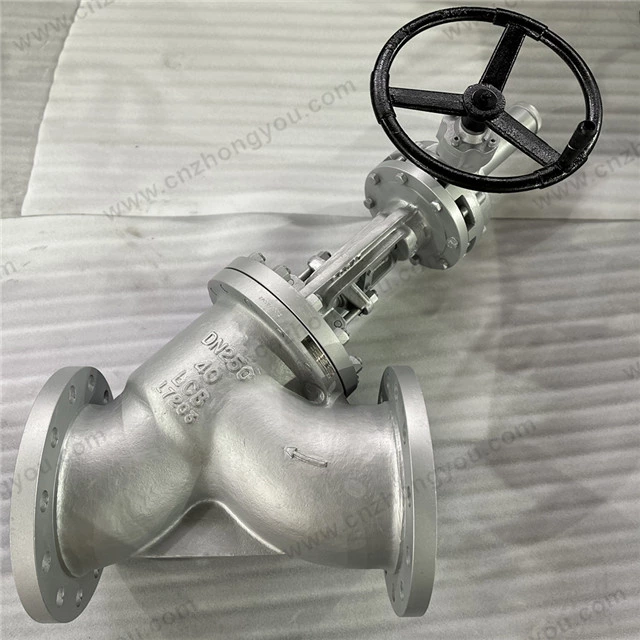 Carbon Steel Y Pattern Globe Valve, DN250 PN40, ASTM A352 LCB Body, 13Cr+STL Trim, RF Ends, Gearbox Operated